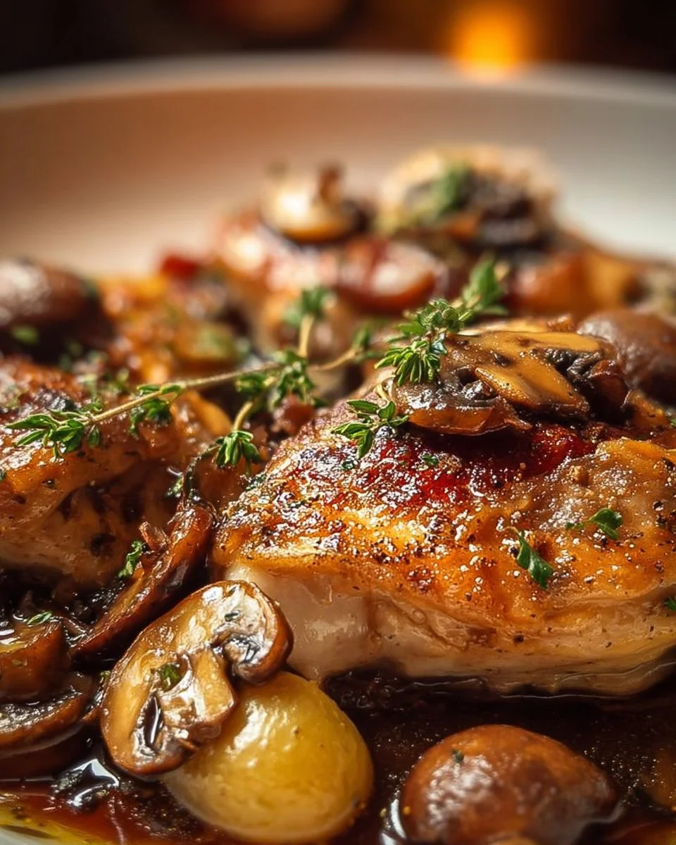 Poulet au Porto avec champignons dans une assiette