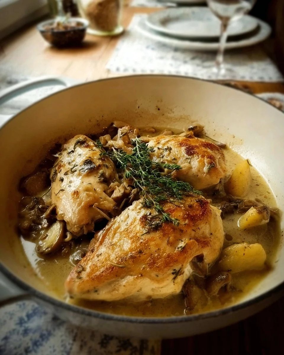 Plat de poulet au riesling et aux cèpes séchés, savoureux et appétissant.