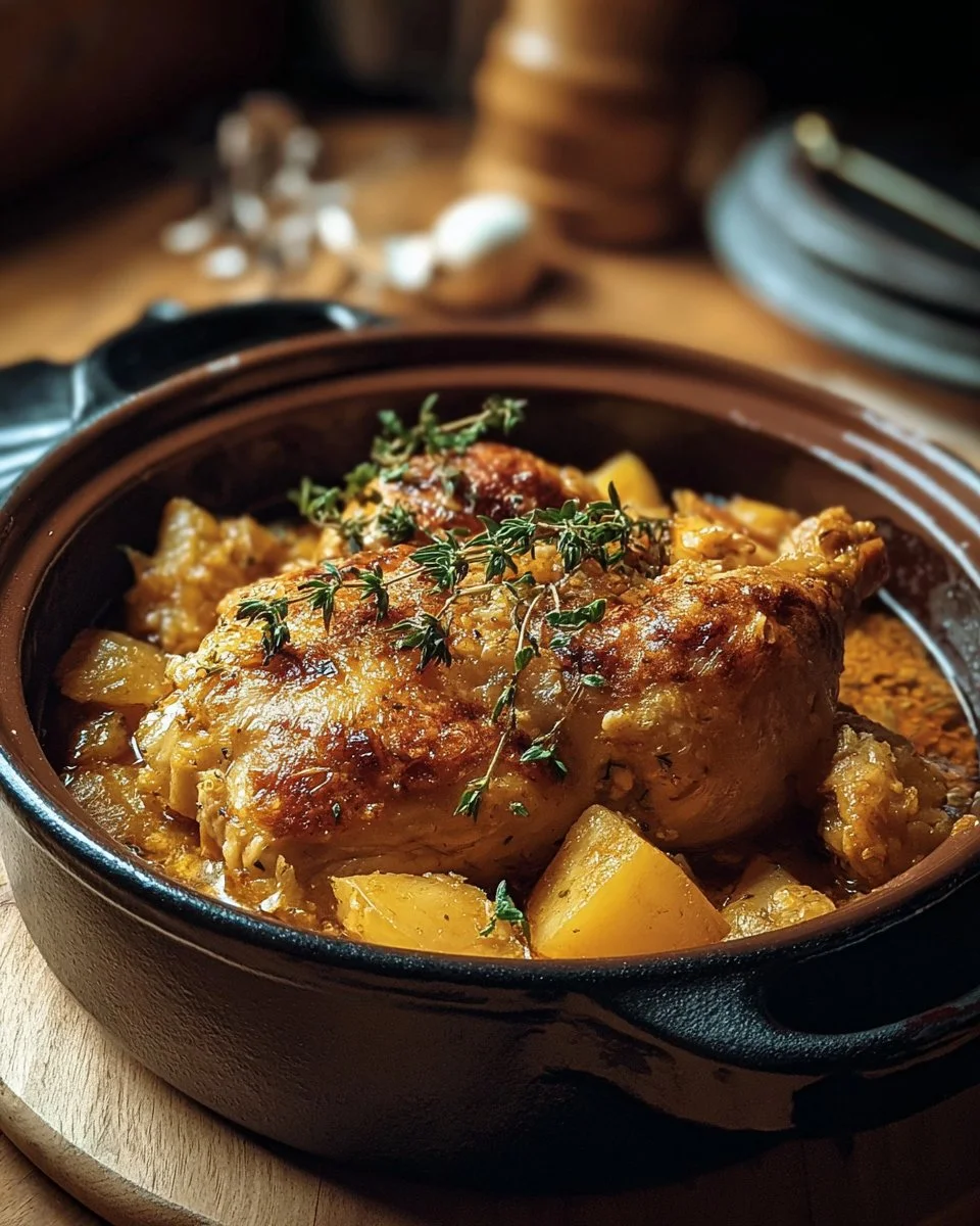 Poulet Cocotte Grand-Mère servi avec des légumes savoureux et des herbes fraîches.