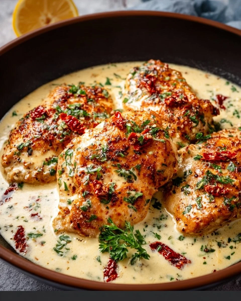 Poulet crémeux à l’ail et au parmesan dans une poêle