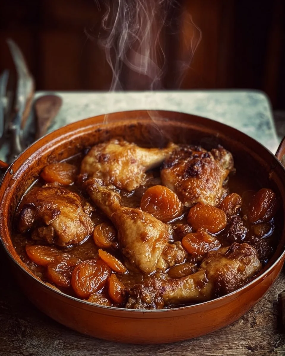 Poulet mijoté au pain d'épices avec abricots secs et miel