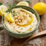 Purée de pois chiches au citron et épices dans un bol en céramique