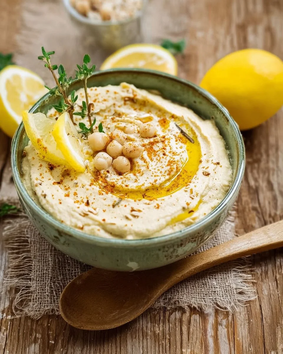 Purée de pois chiches au citron et épices dans un bol en céramique