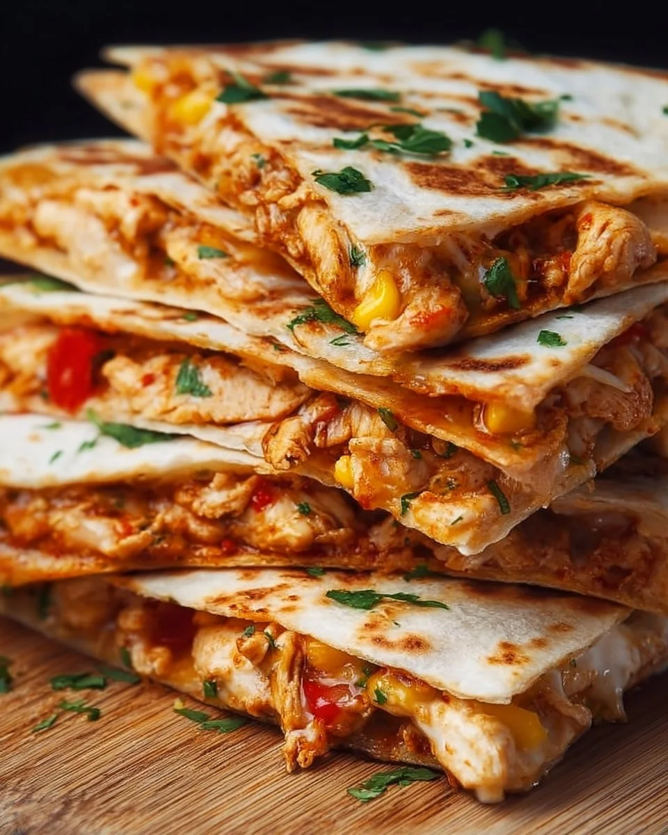 Quesadillas saines au poulet garnies de légumes frais et fondantes.
