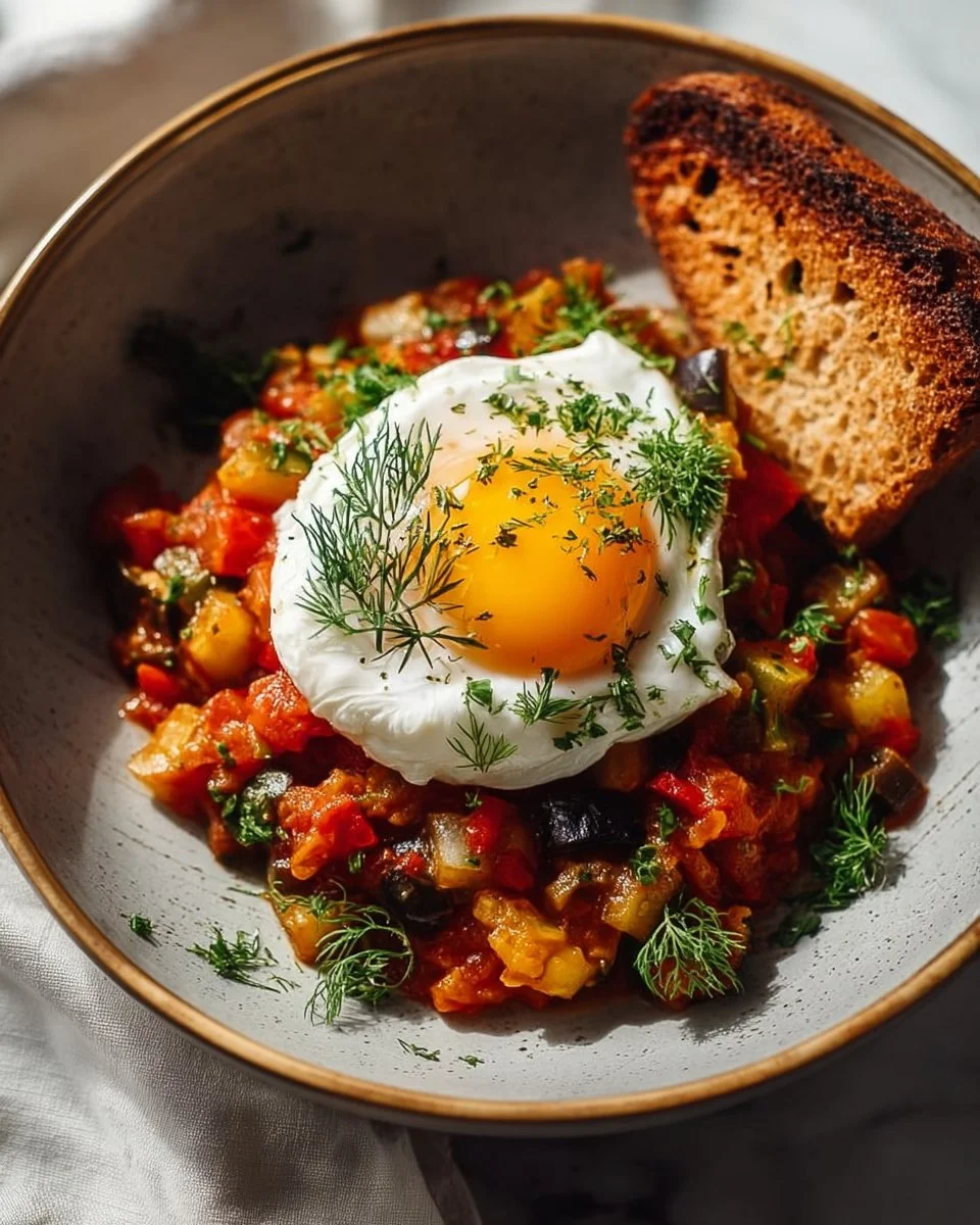 Ratatouille avec œuf poché, un plat français savoureux et coloré.