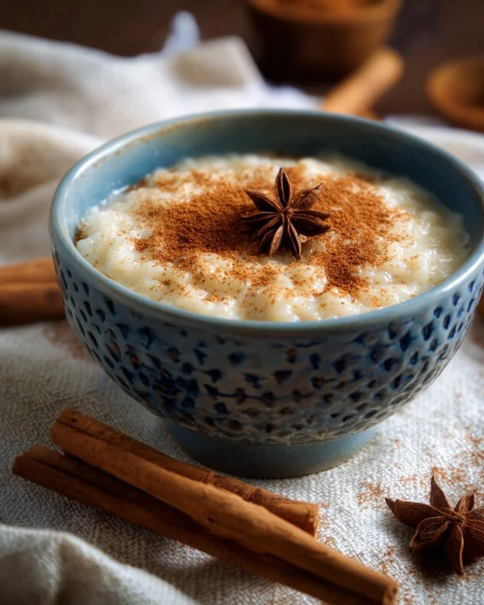 Bol de riz au lait parfumé à la cannelle, dessert crémeux et réconfortant.