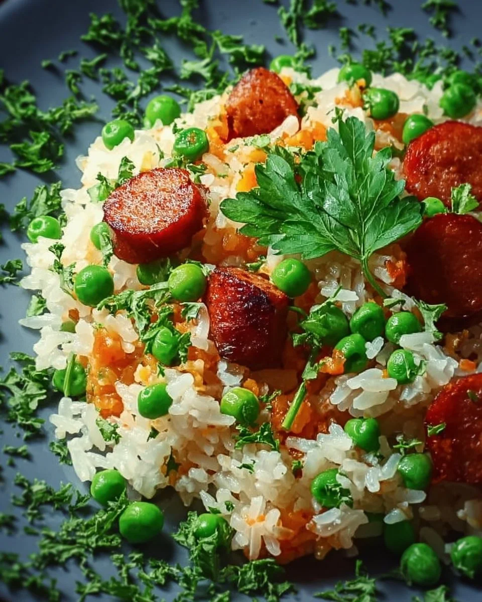 Plat de riz saucisses et petits pois, un repas savoureux et réconfortant