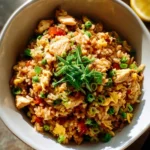 Riz sauté au poulet servi dans un bol, plat savoureux et coloré.
