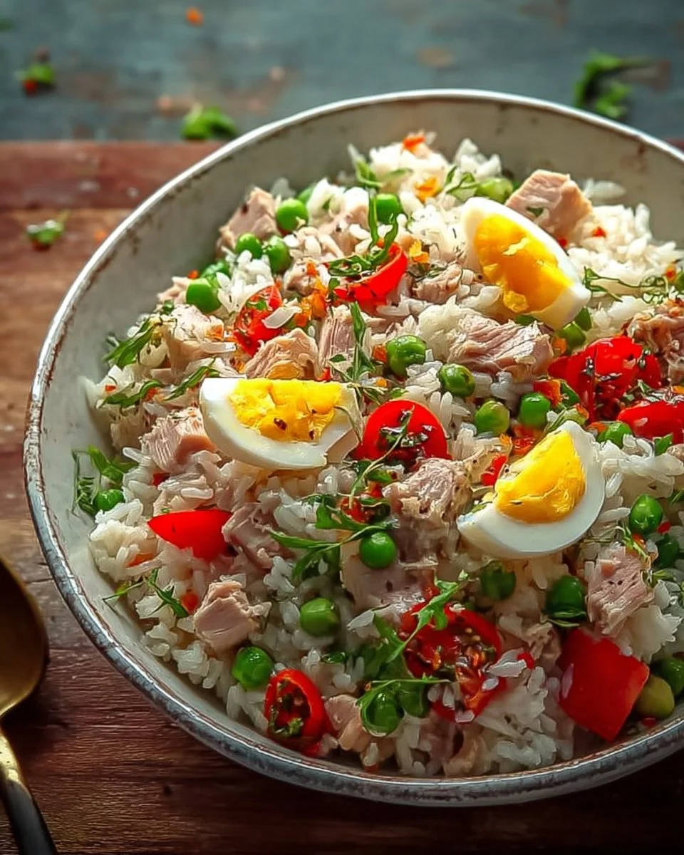 Salade de riz avec thon et œufs, plat frais et savoureux