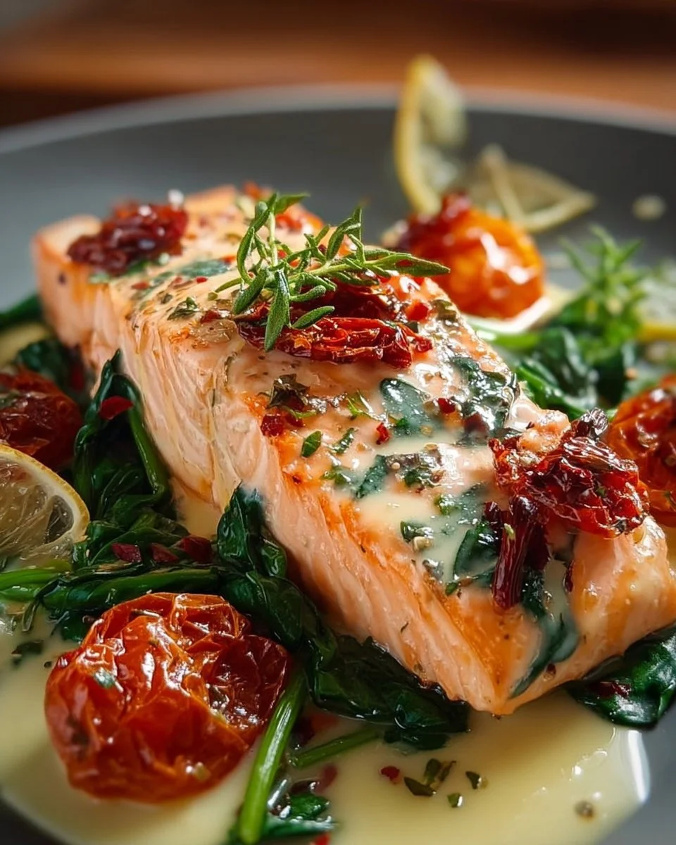 Saumon à l'ail avec épinards et tomates séchées, un plat délicieux et coloré