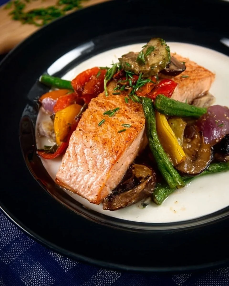 Saumon au beurre de cacahuète servi avec des légumes sautés