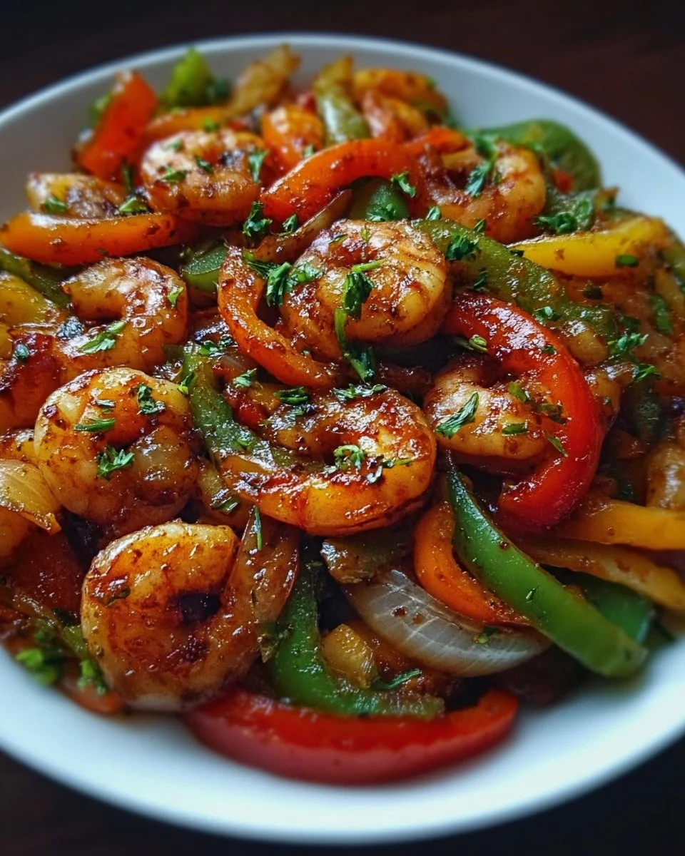 Sauté de crevettes et poivrons dans un plat coloré et appétissant
