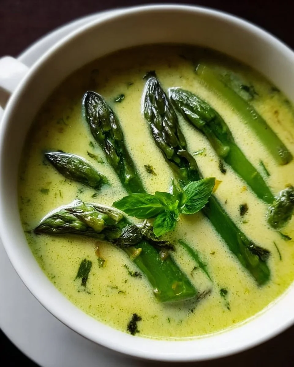 Soupe crémeuse aux asperges et épinards servie dans un bol.