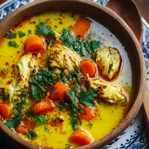 Soupe de poulet au curcuma 2 Soupe de poulet au curcuma, servie chaude dans un bol en céramique.
