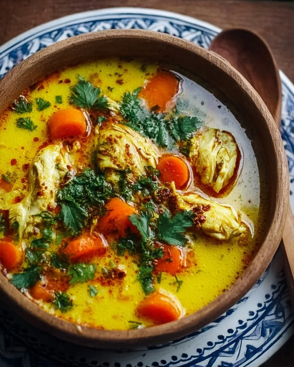 Soupe de poulet au curcuma, servie chaude dans un bol en céramique.