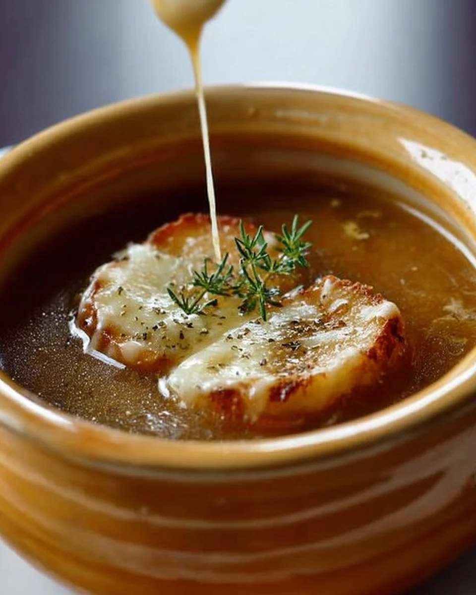 Soupe Oignon Fondante servie dans un bol avec du fromage fondu