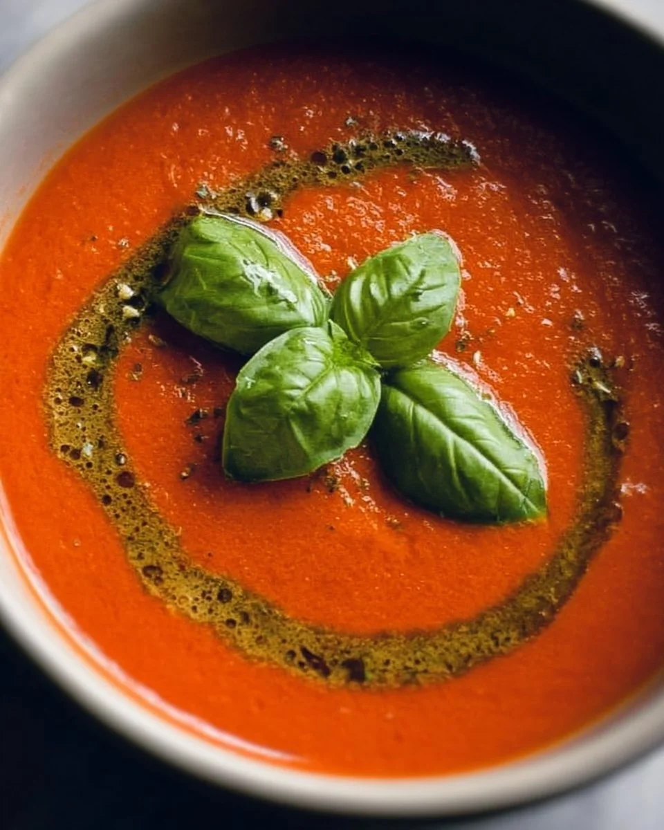 Soupe tomate basilic low-carb servie dans un bol blanc avec des feuilles de basilic frais.
