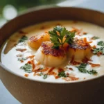 Soupe Tropicale Coco délicieuse servie dans un bol en bois.