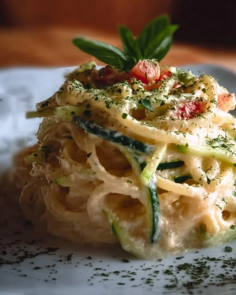 Spaghetti à la crème de courgette dans une assiette avec garniture de courgettes.