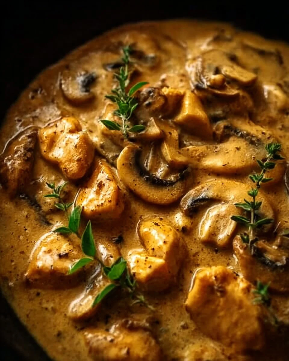 Sauté de Stroganoff de Poulet aux Champignons dans un plat coloré