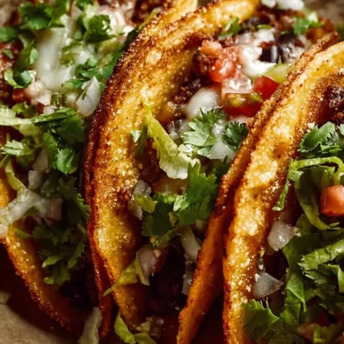 Tacos croustillants aux haricots noirs, garnis et prêts à être dégustés.
