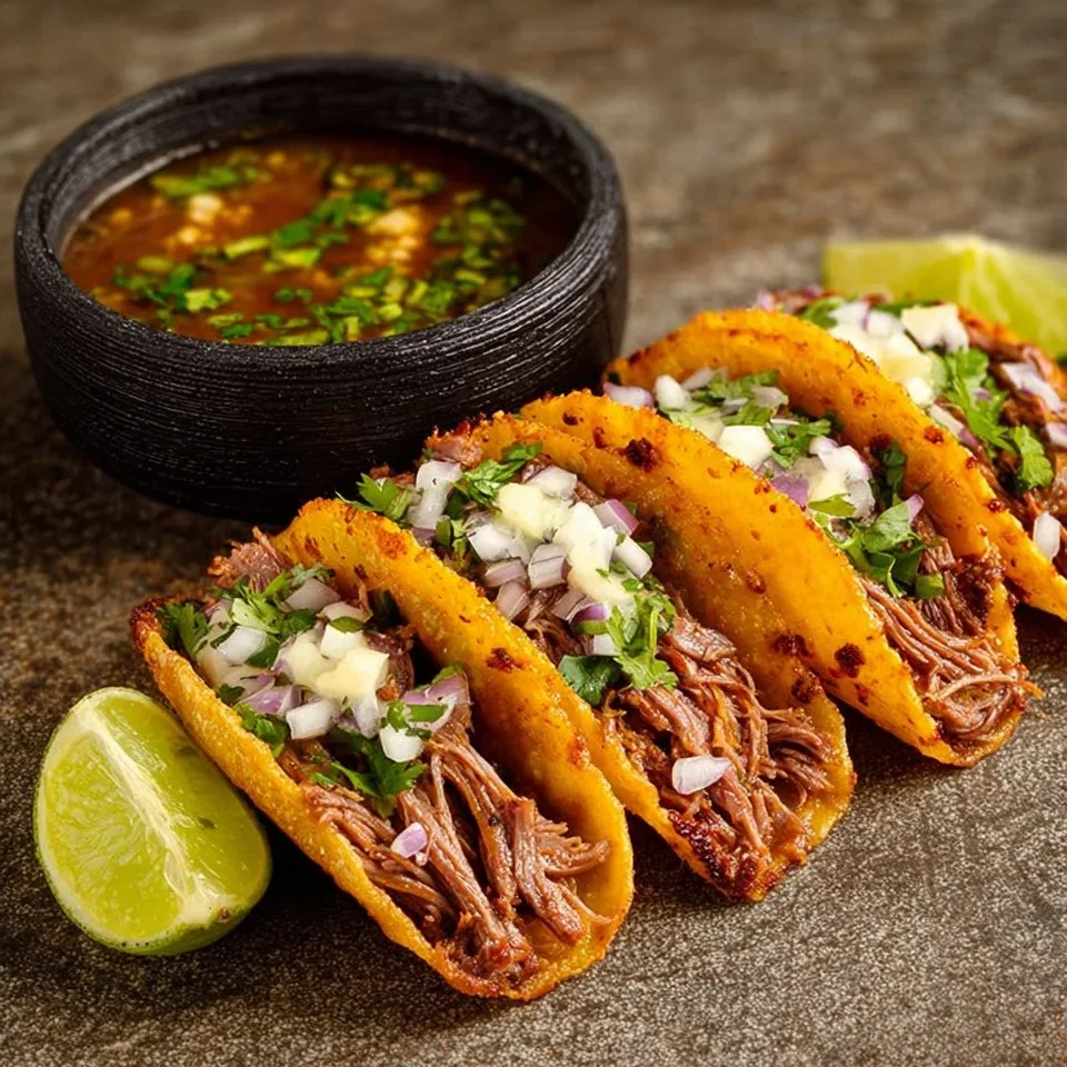 Tacos de boeuf effiloché façon birria, garnis de sauce épicée et d'herbes fraîches