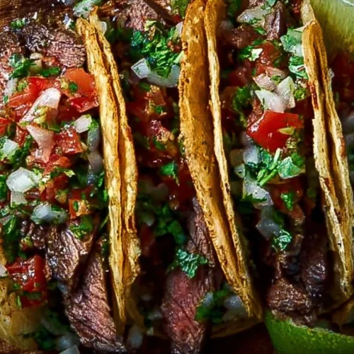 Tacos de carne asada garnis de viande grillée et accompagnements frais