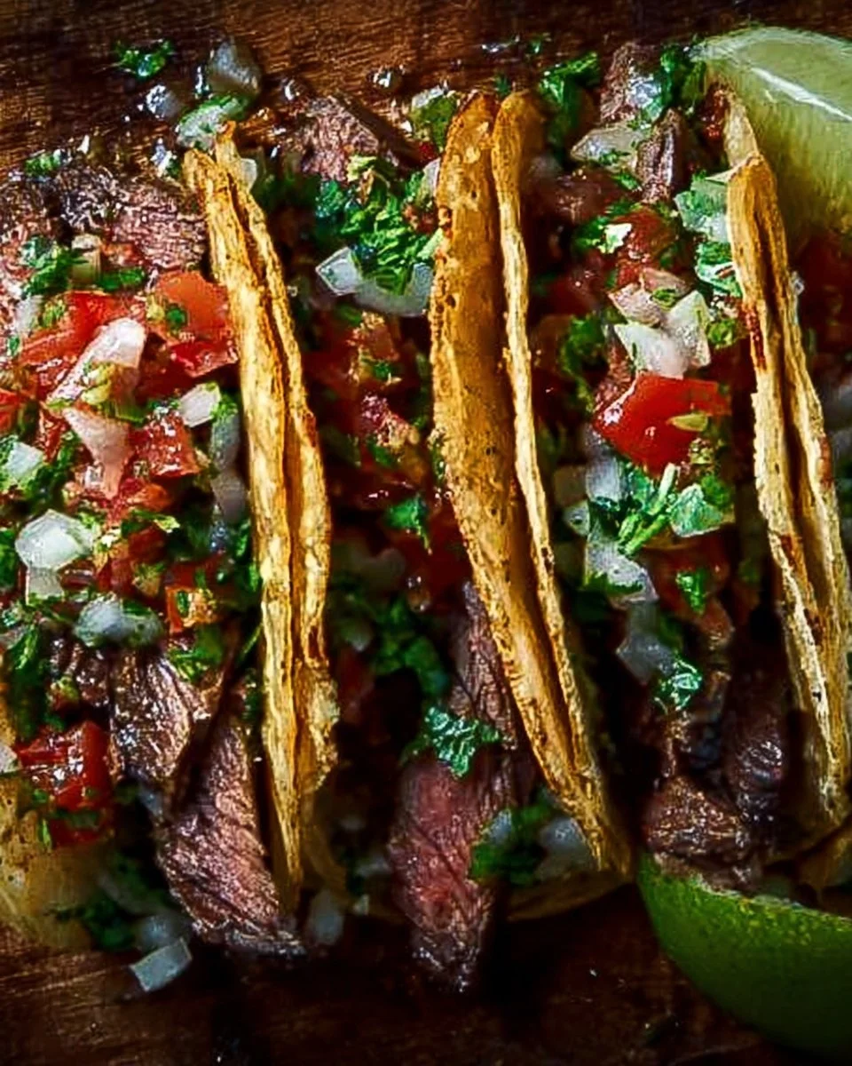 Tacos de carne asada garnis de viande grillée et accompagnements frais
