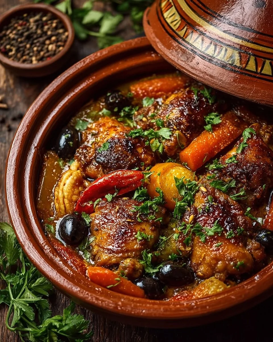 Tajine de Poulet aux Épices avec légumes et olives, recette marocaine savoureuse