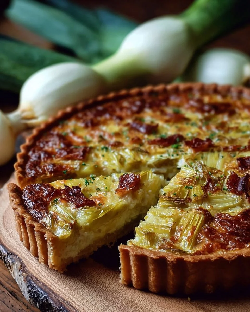 Tarte aux poireaux façon grand-mère, un plat traditionnel savoureux et réconfortant.
