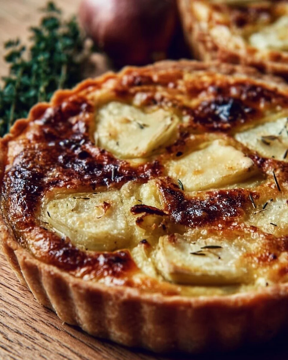 Tarte savoureuse au camembert, garnie de légumes et d'épices fraîches.
