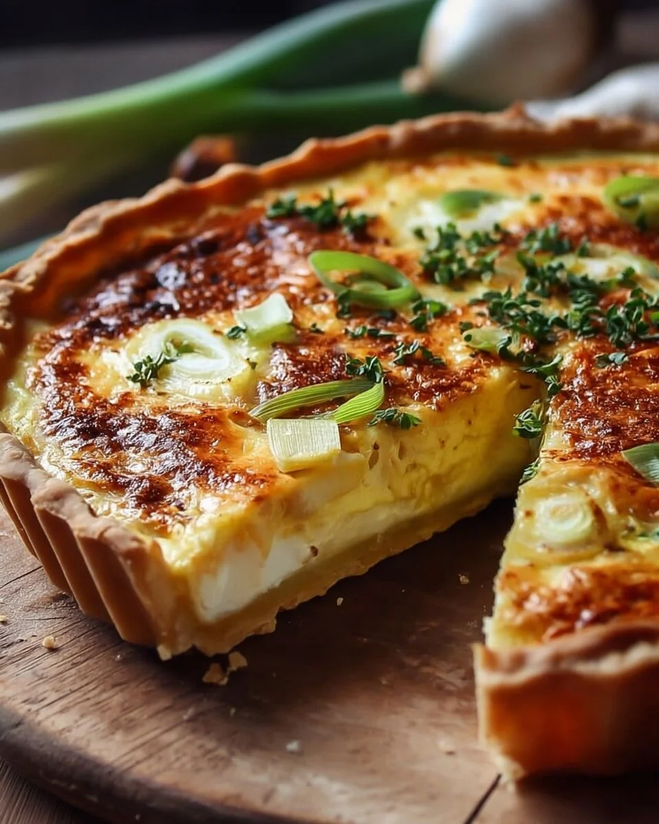 Tarte poireaux et camembert garnie, prête à être dégustée