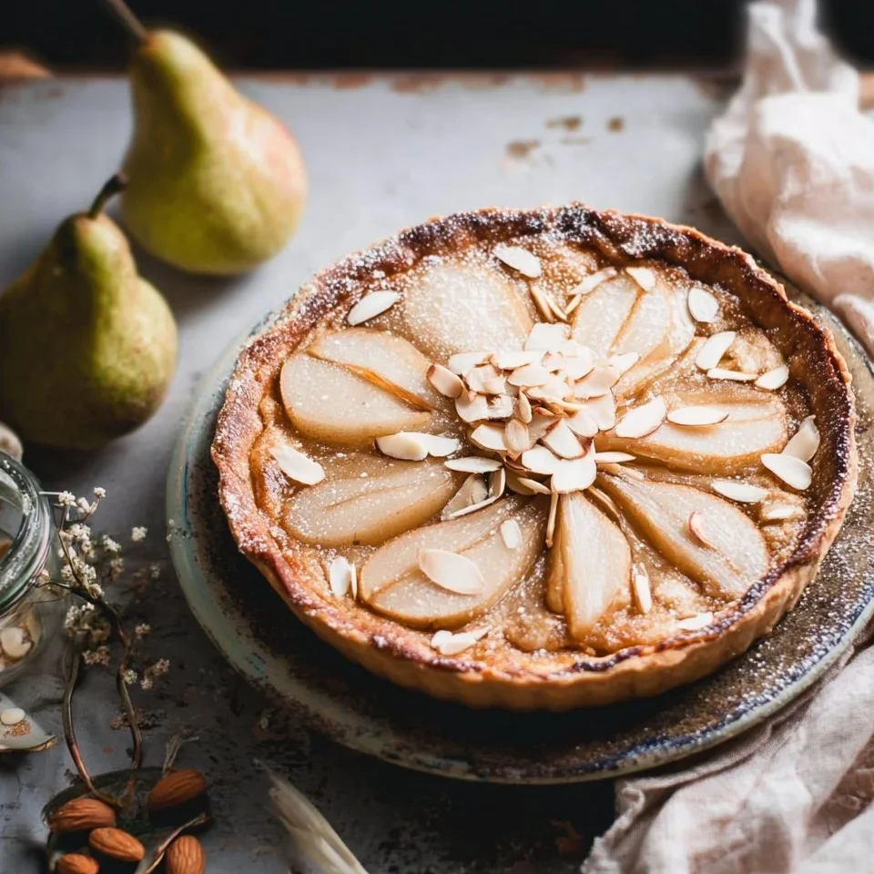 Tarte rustique aux poires, mascarpone et amandes fraîchement préparée