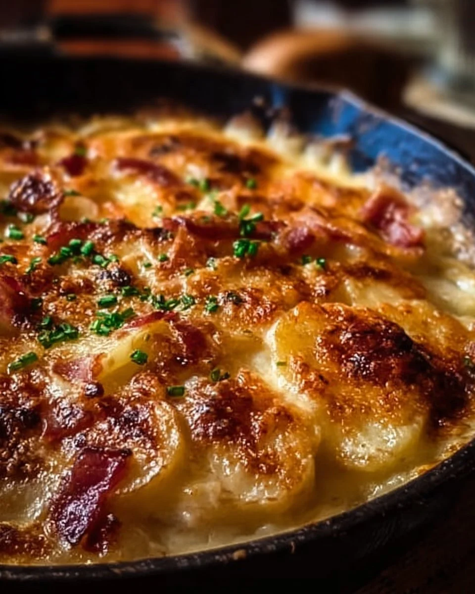 Tartiflette à la poêle garnie de fromage et pommes de terre