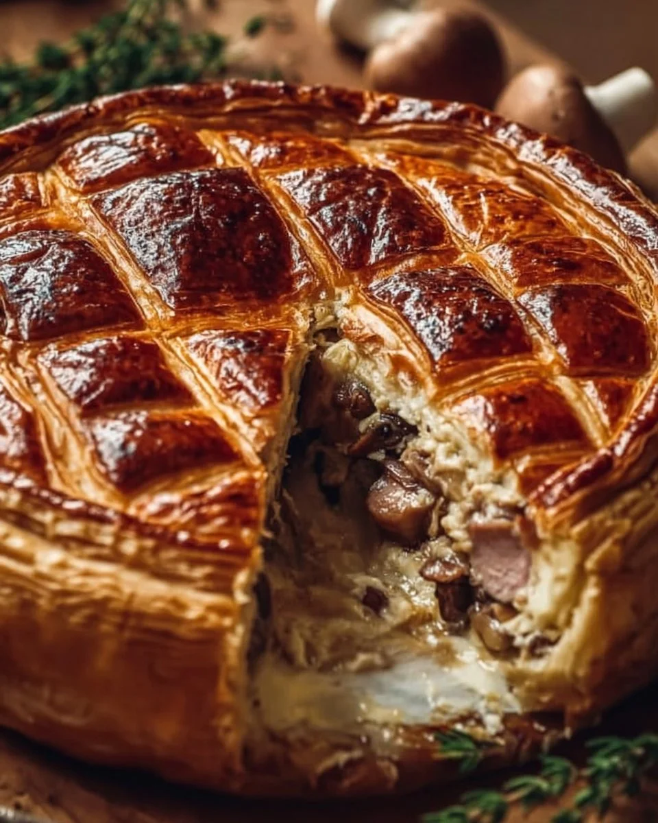 Tourte au canard savoureuse avec garniture dorée et croustillante.