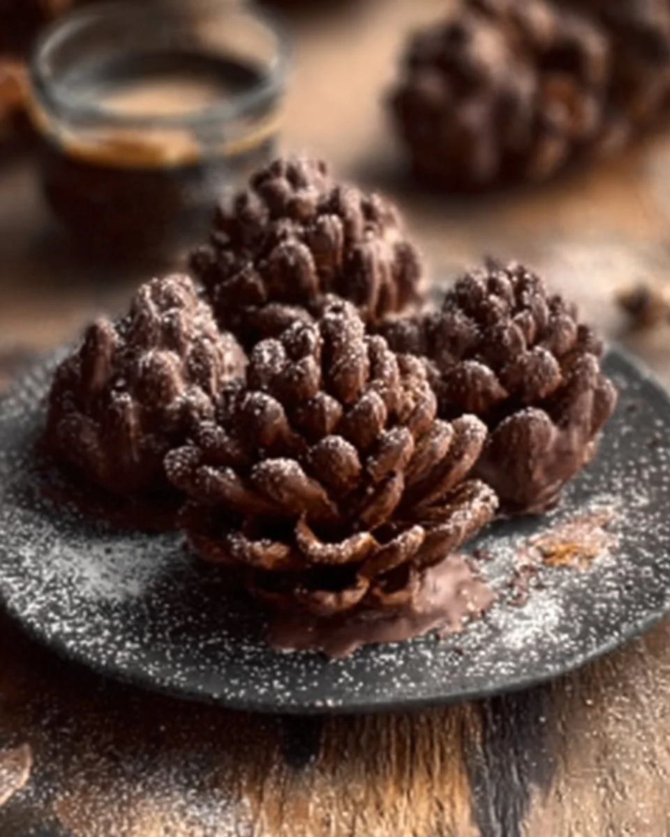 Truffes au chocolat vegan en forme de pommes de pin sur une assiette