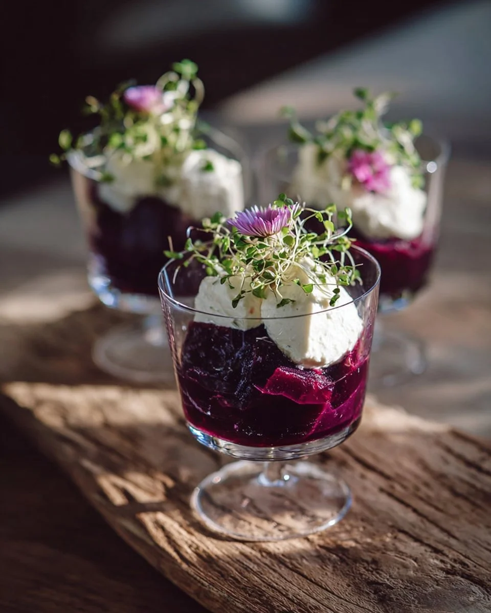Verrine de chèvre et betterave garnie d'herbes fraîches