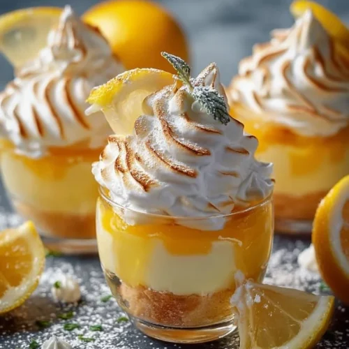Verrines de citron meringuées garnies de crème légère et meringue dorée