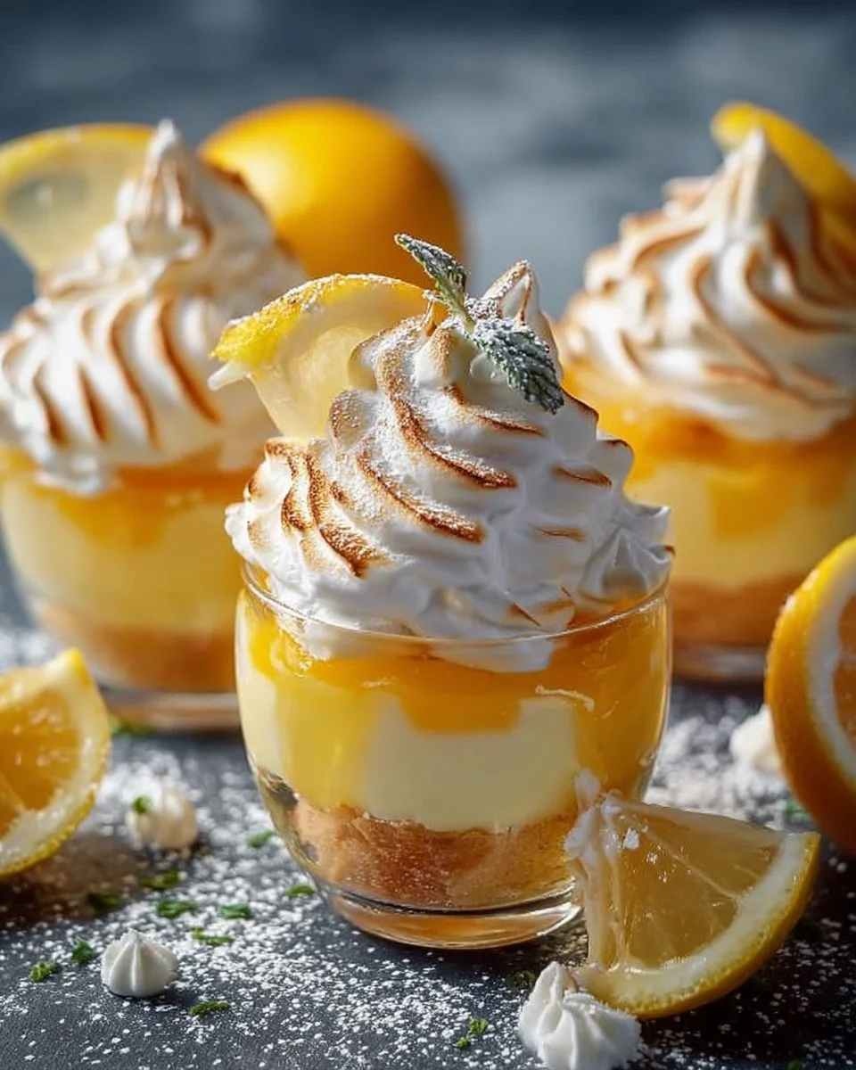 Verrines de citron meringuées garnies de crème légère et meringue dorée