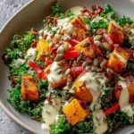 Bol de lentilles au tahini garni de légumes frais et épices