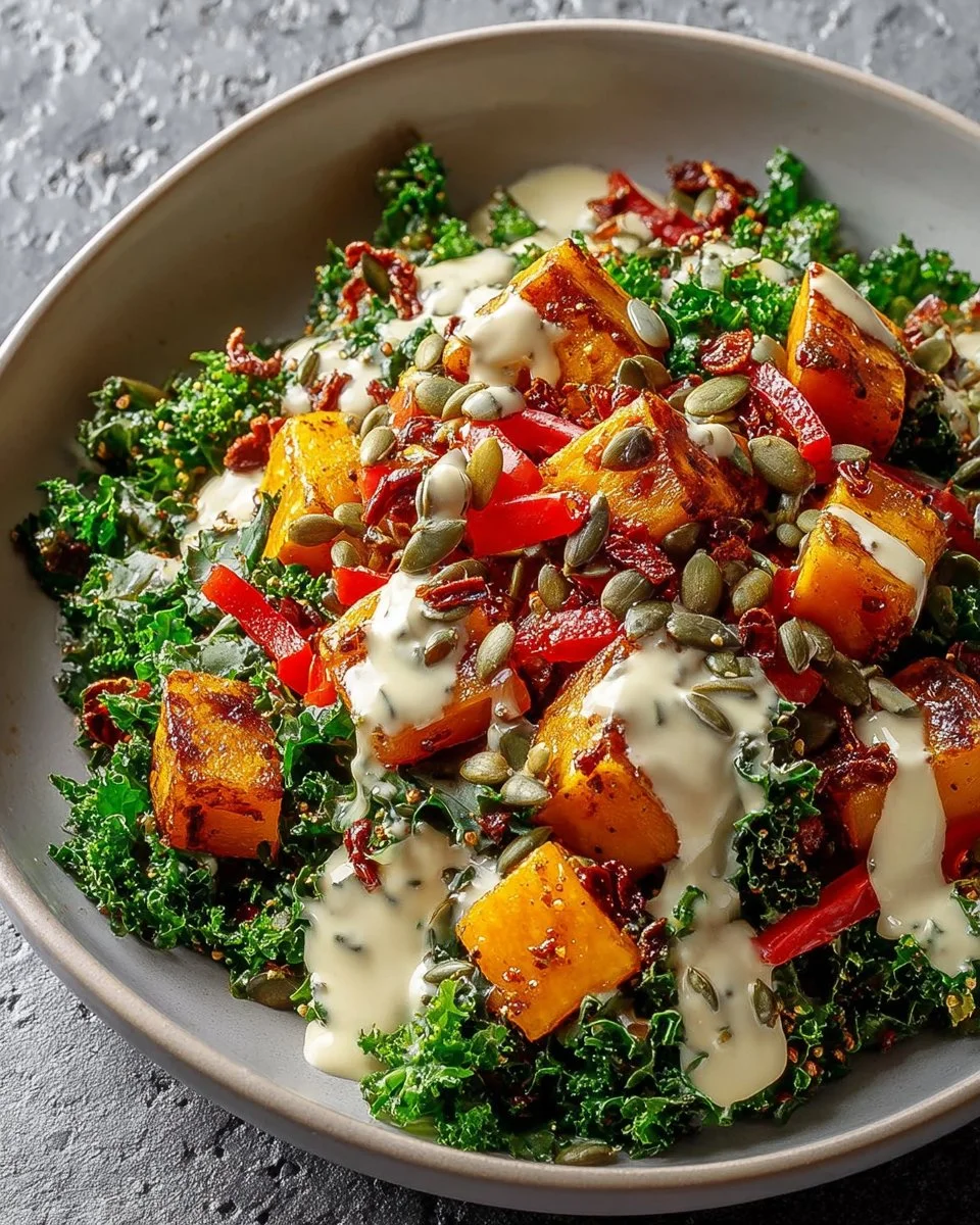 Bol de lentilles au tahini garni de légumes frais et épices