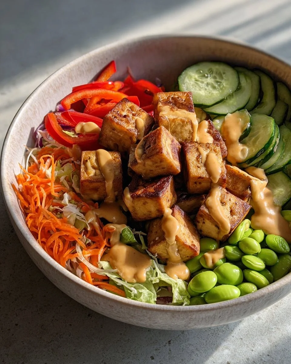 Bol de tofu cacahuètes croustillant, plat savoureux et original