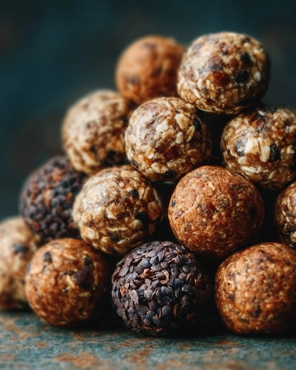 Boules d'énergie au beurre de cacahuète et avoine sur une assiette.