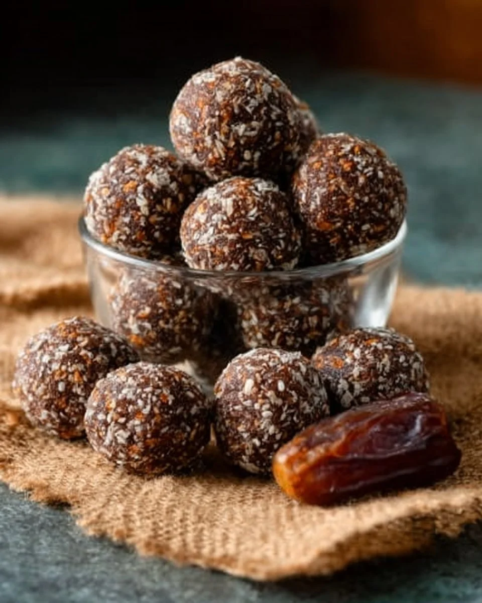 Boules d'énergie faites avec des dattes et du cacao, un encas santé et savoureux.