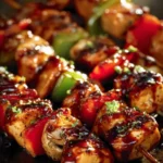 Brochettes de poulet marinées à la sauce hoisin, prêtes à être grillées.