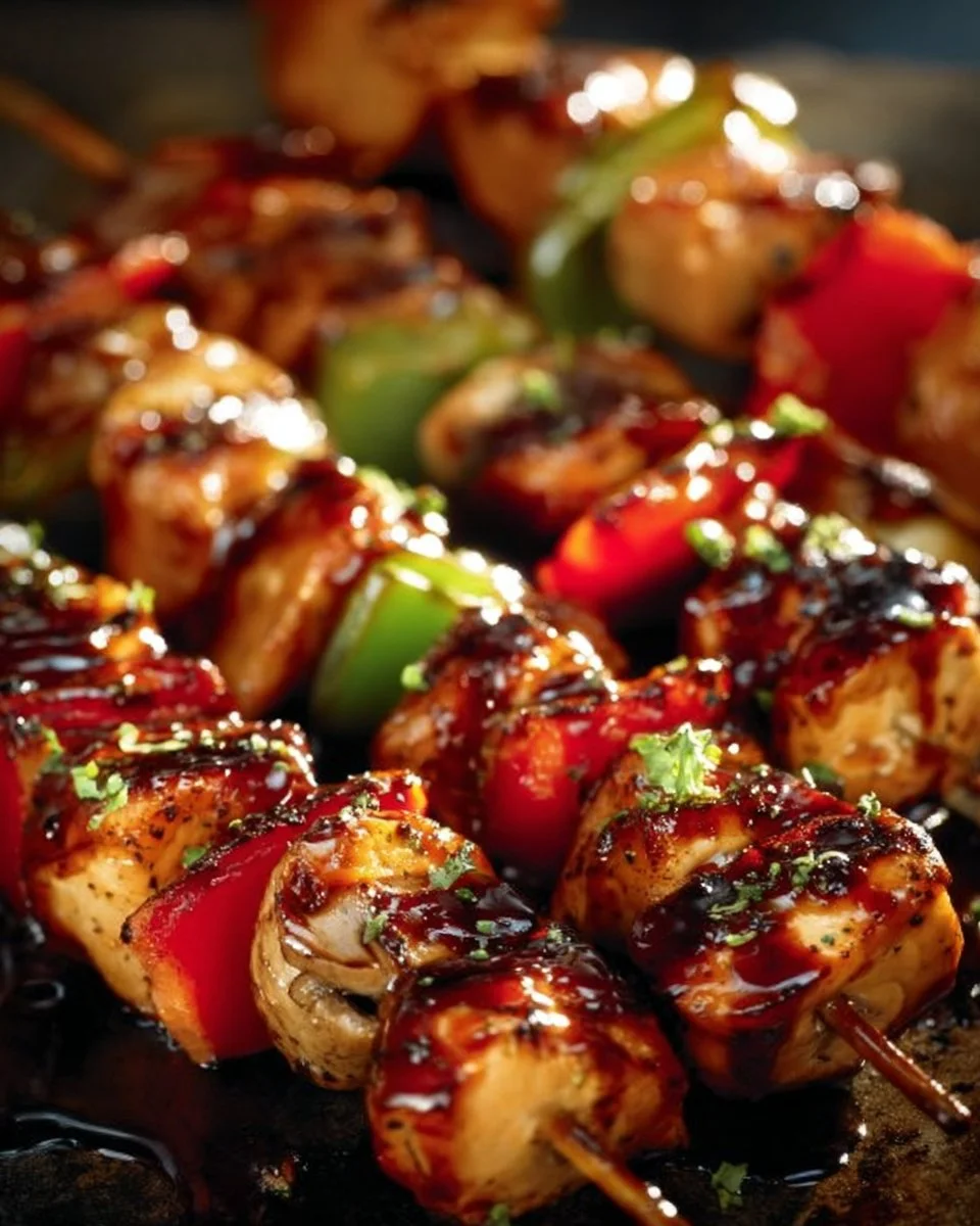 Brochettes de poulet marinées à la sauce hoisin, prêtes à être grillées.