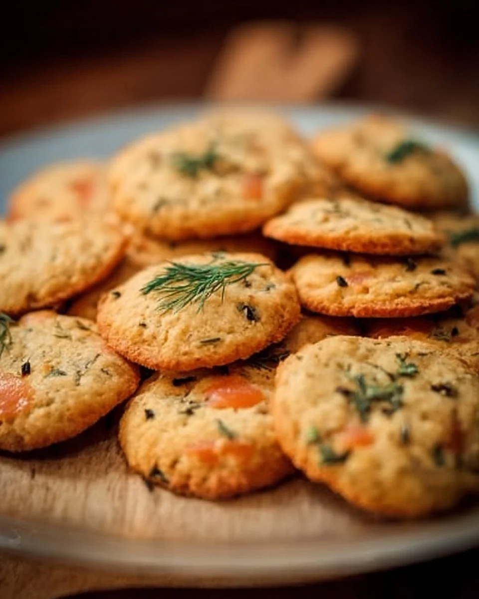 Cookies salés au saumon fumé et aneth, savoureux et croustillants.