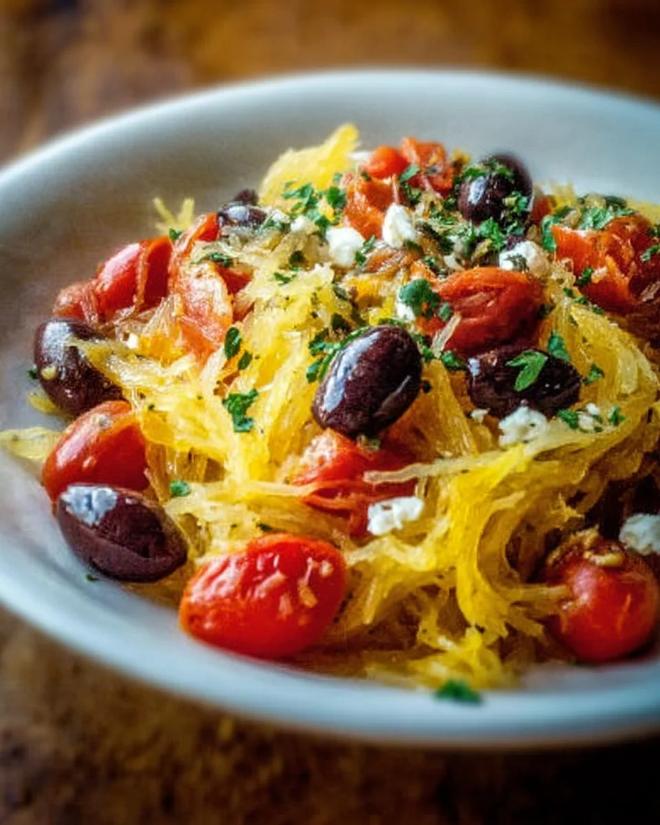 Recette de courge spaghetti aux oignons, tomates et olives dans un plat coloré