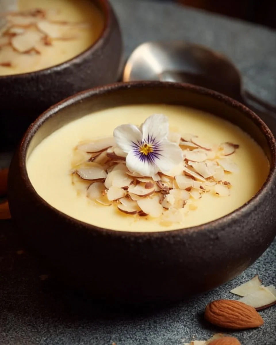 Bol de crème au lait aux amandes et fleur d'oranger, dessert crémeux et parfumé.