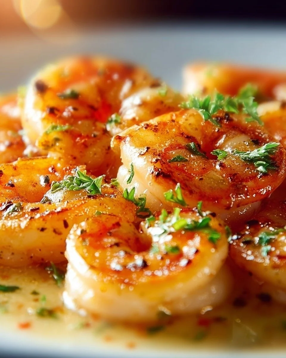 Crevettes crémeuses au paprika dans une assiette garnie d'herbes fraîches